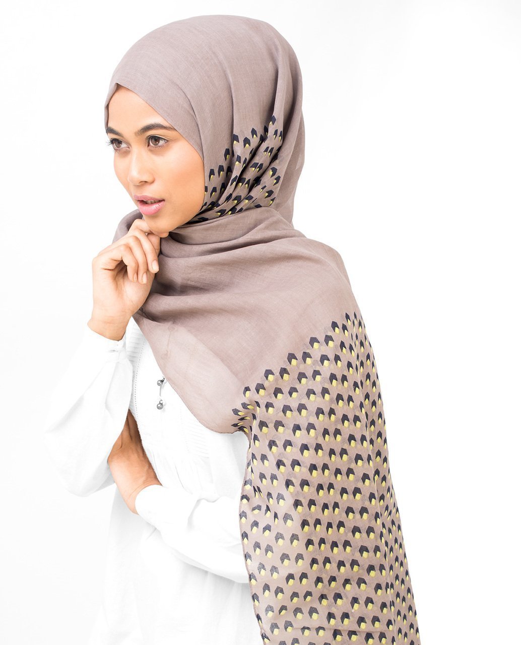 Cotton Voile Hijab in Geo Cube Regular Beige and Yellow