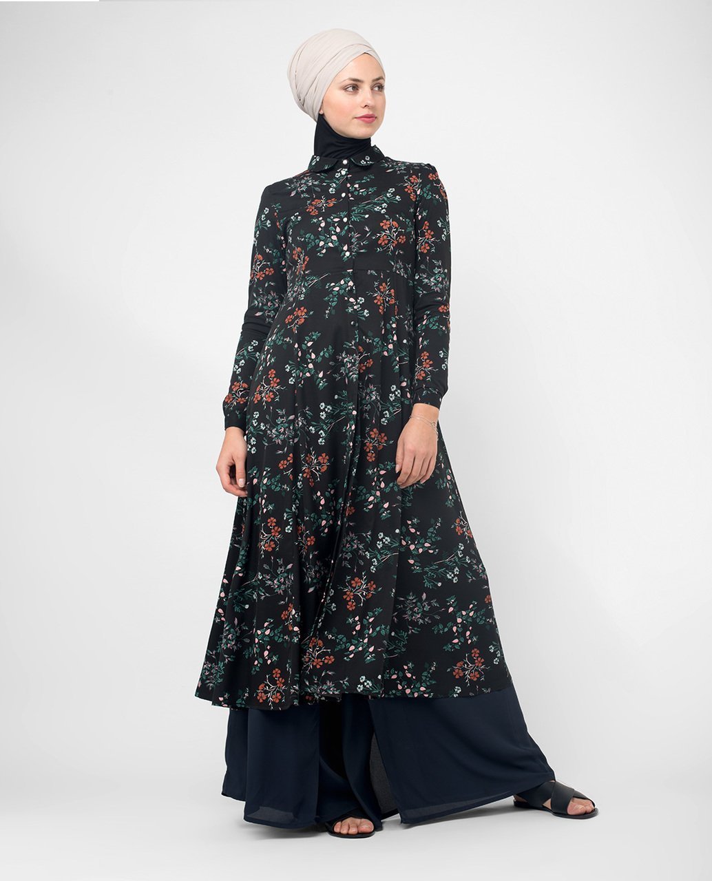 Flared Black Floral Modest Shirt Dress Small (8-10) Petite (- 5'2")