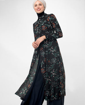 Flared Black Floral Modest Shirt Dress Small (8-10) Petite (- 5'2")