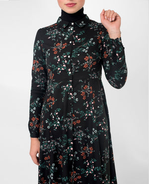 Flared Black Floral Modest Shirt Dress Small (8-10) Petite (- 5'2")