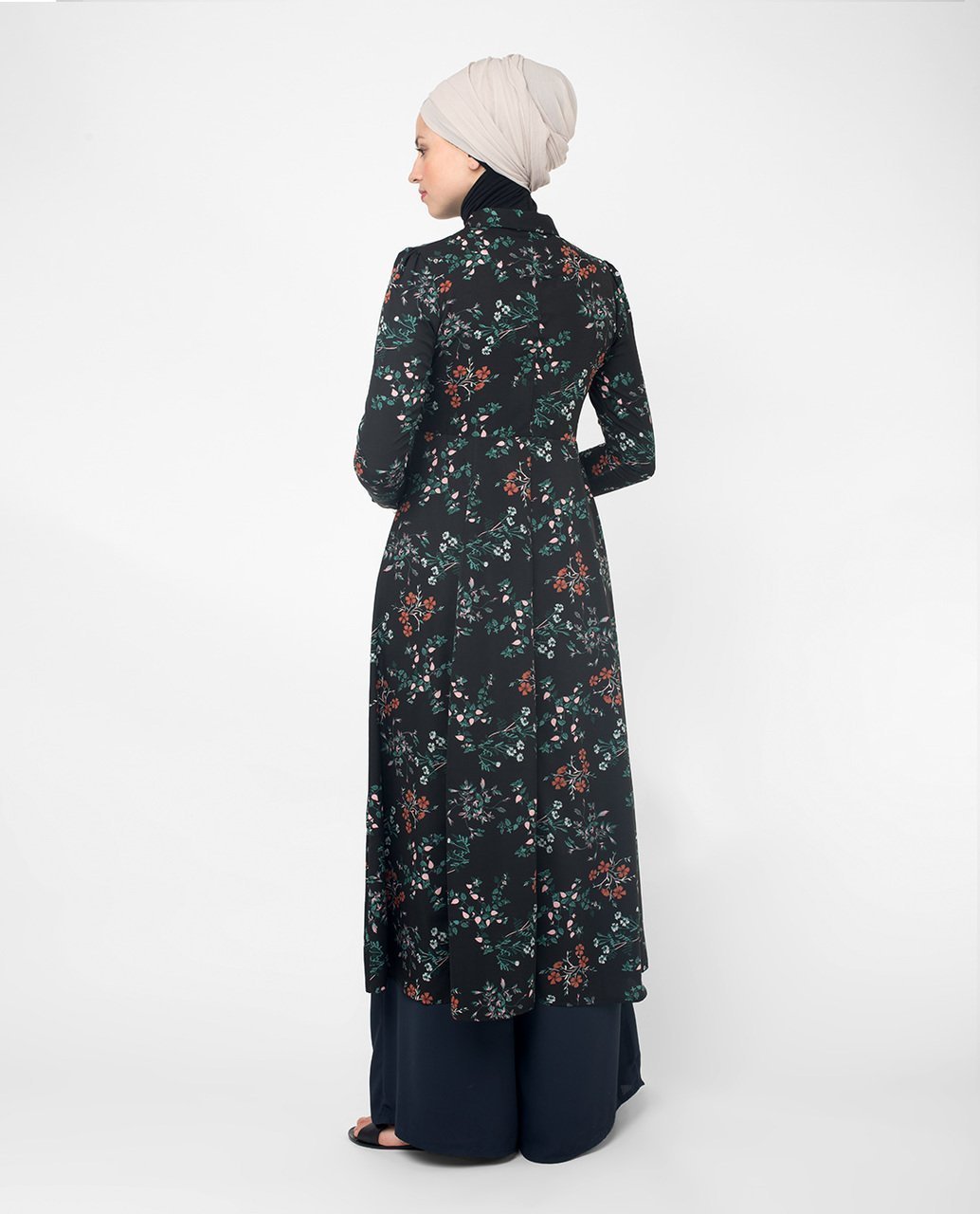 Flared Black Floral Modest Shirt Dress Small (8-10) Petite (- 5'2")
