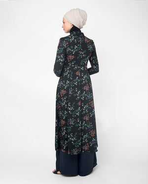 Flared Black Floral Modest Shirt Dress Small (8-10) Petite (- 5'2")