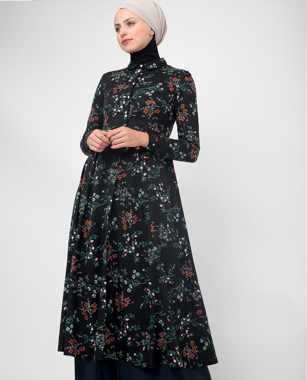 Flared Black Floral Modest Shirt Dress Small (8-10) Petite (- 5'2")