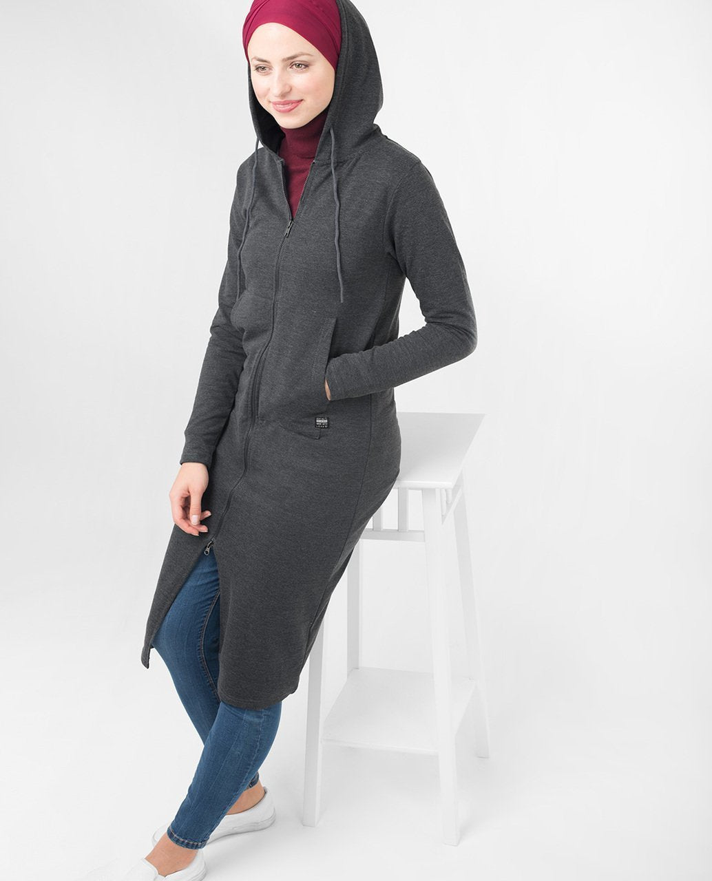 Grey Warm Hooded Modest Top Small (8-10) Petite (- 5'2")