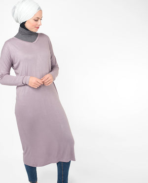 Lilac V-Neck Long Modest Top Small (8-10) Petite (- 5'2")