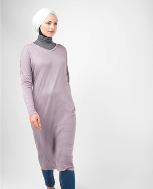 Lilac V-Neck Long Modest Top Small (8-10) Petite (- 5'2")
