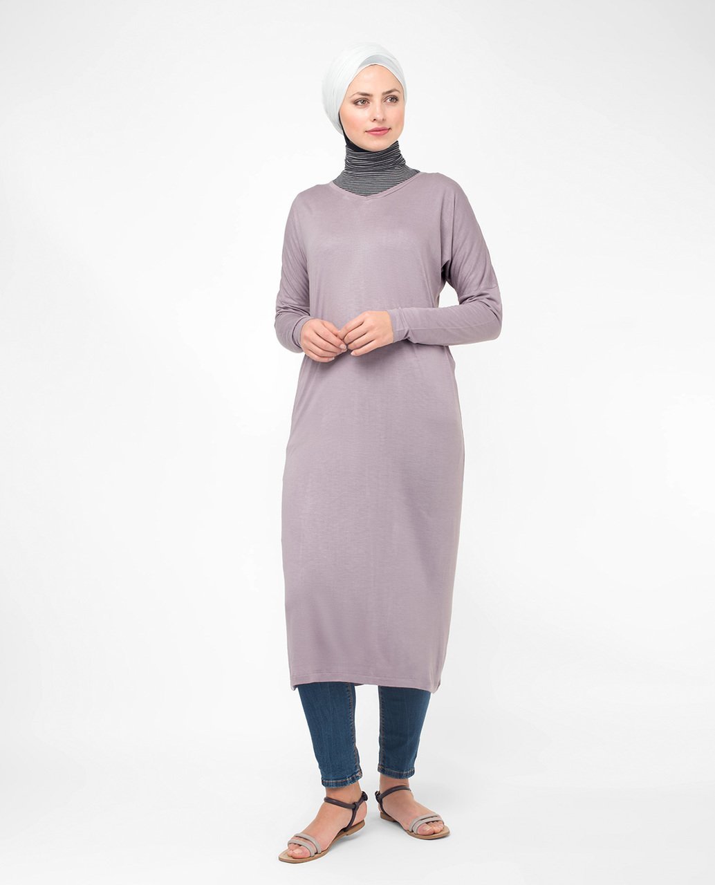 Lilac V-Neck Long Modest Top Small (8-10) Petite (- 5'2")