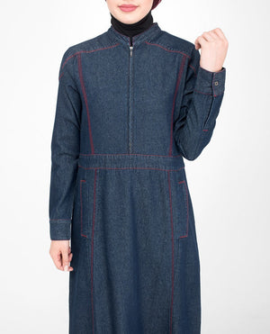 Long Zip Dark Washed Denim Abaya Jilbab S 54 Denim Blue