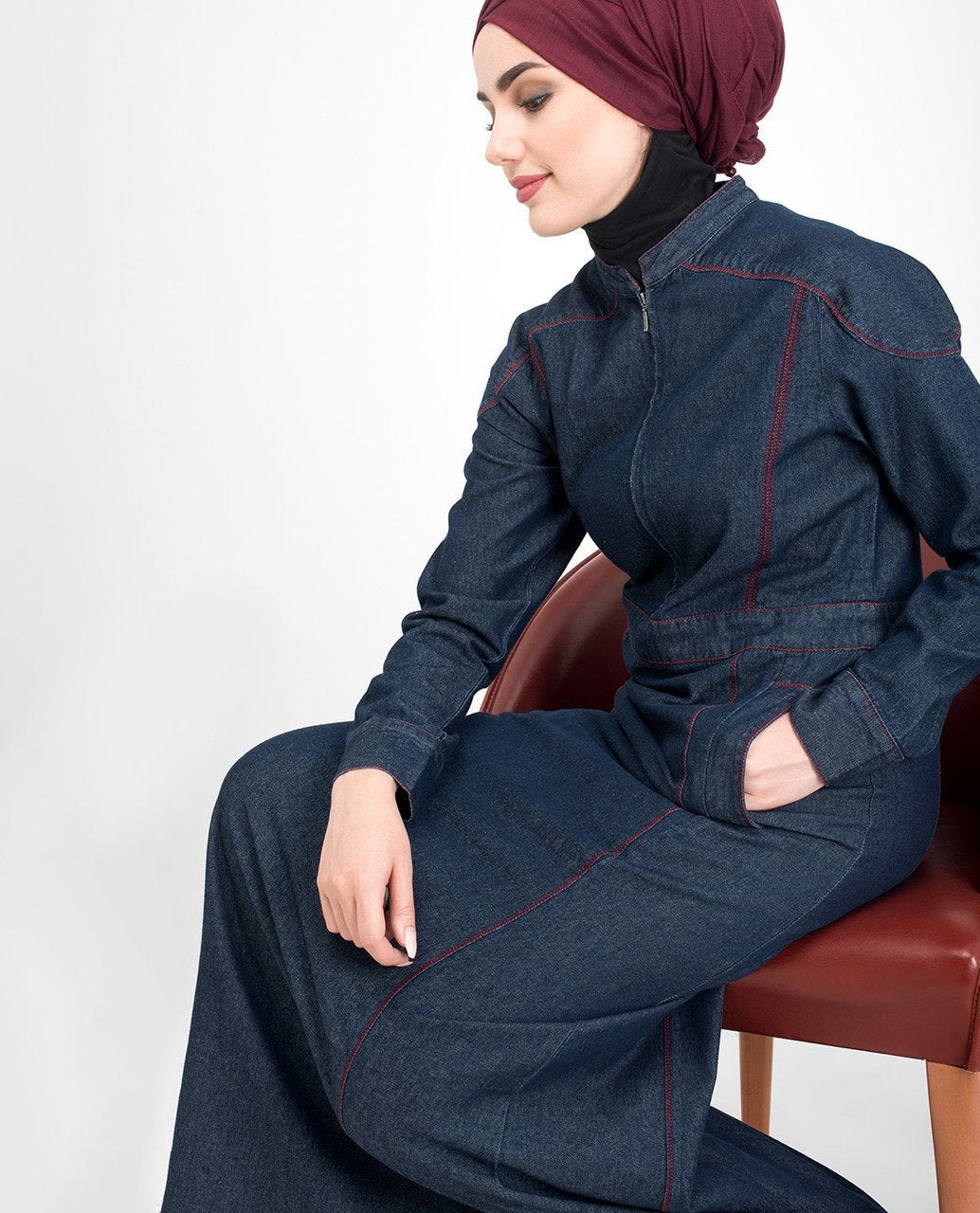 Long Zip Dark Washed Denim Abaya Jilbab S 54 Denim Blue
