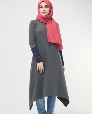 Melange Embroidery Modest Top S - 5'2" Dark Grey