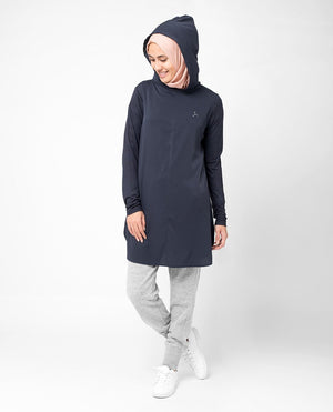 Navy Hooded Tunic Midi Slim