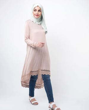 Peach Lace Dipped Hem Modest Top Small (8-10) Petite (- 5'2") Peach