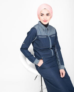 Utility Contrast Denim Jilbab & Abaya S 54 Blue