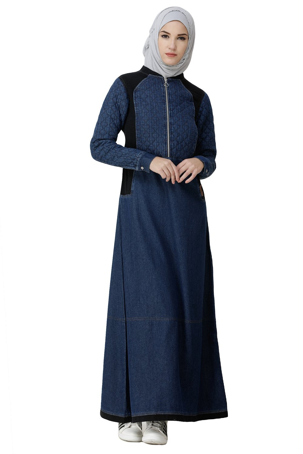 Denim Blue Contrast Baseball Neck Jilbab Abaya