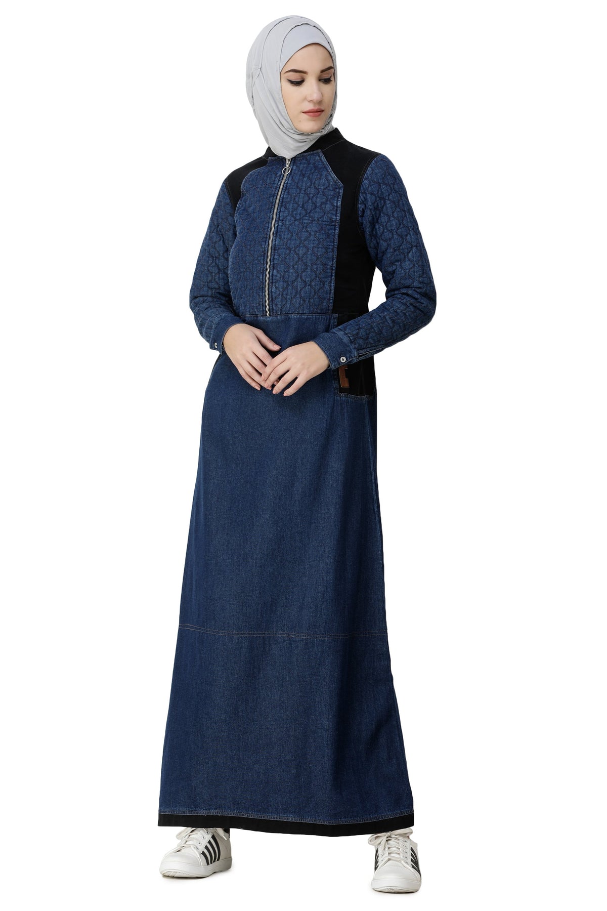 Denim Blue Contrast Baseball Neck Jilbab Abaya Front Full
