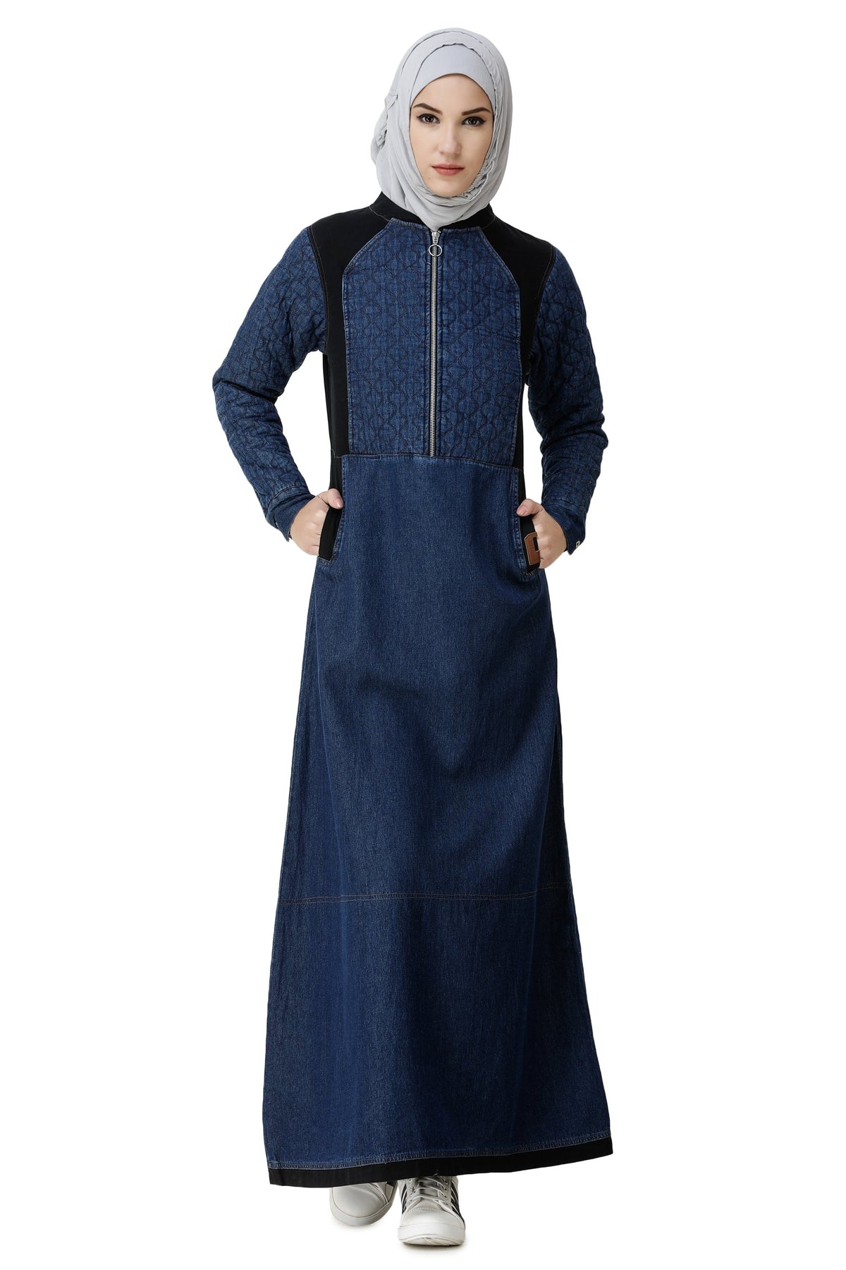 Denim Blue Contrast Baseball Neck Jilbab Abaya Full Front Close-up