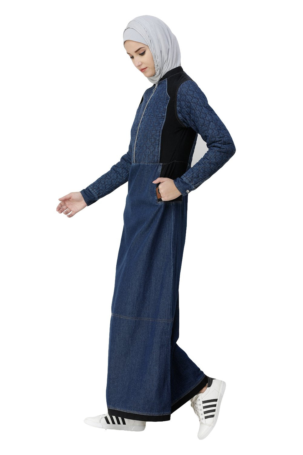 Denim Blue Contrast Baseball Neck Jilbab Abaya Front Right
