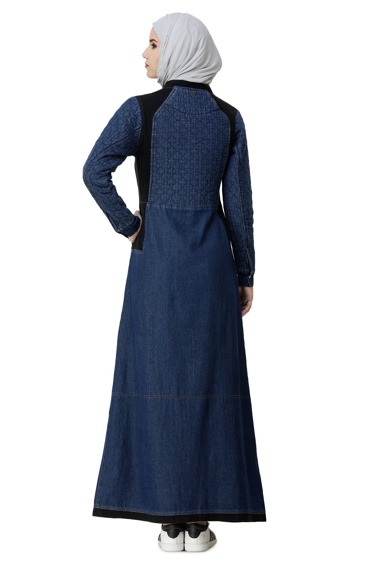 Denim Blue Contrast Baseball Neck Jilbab Abaya Back