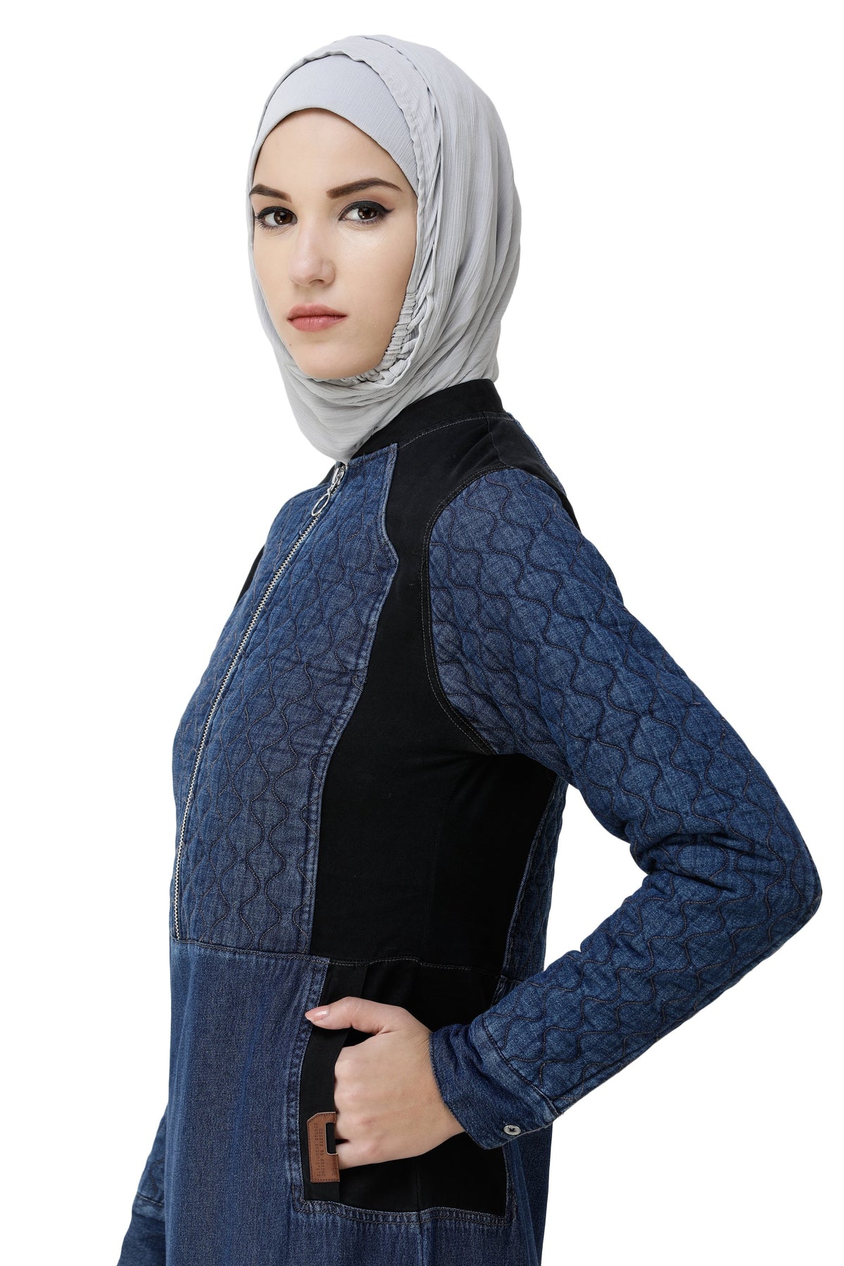 Denim Blue Contrast Baseball Neck Jilbab Abaya Front Right Close-up