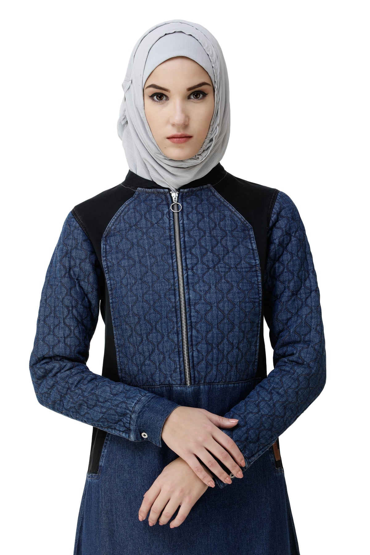 Denim Blue Contrast Baseball Neck Jilbab Abaya Front Closeup