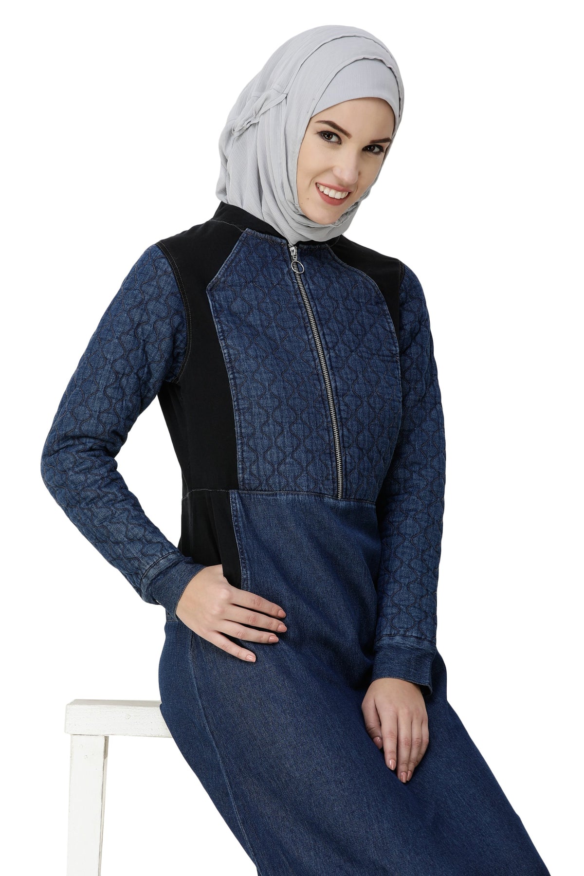 Denim Blue Contrast Baseball Neck Jilbab Abaya