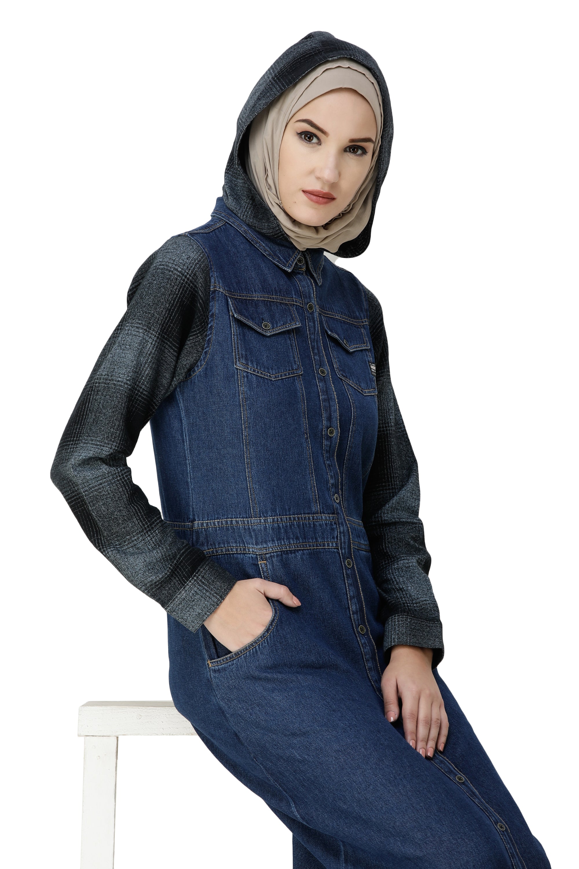 Denim & Brushed Checks Jilbab Abaya