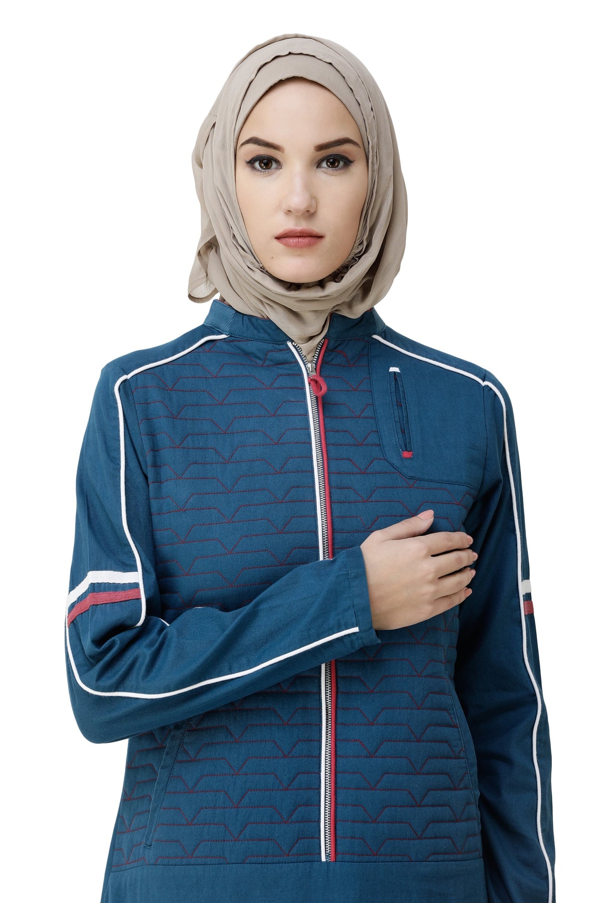 Abaya Jilbab in Blue Denim Detachable Hoodie Full Front Open ...