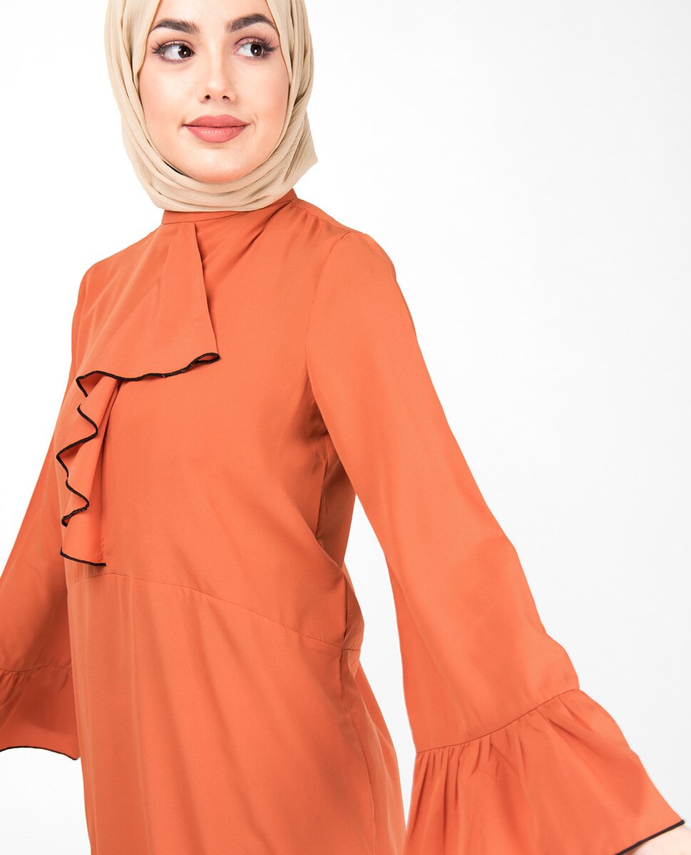 Modest Outerwear in Arabesque Orange Ruffled Midi Dress - ModestPath.com
