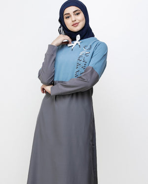 Asphalt Grey & Blue Drawstring Jilbab Abaya