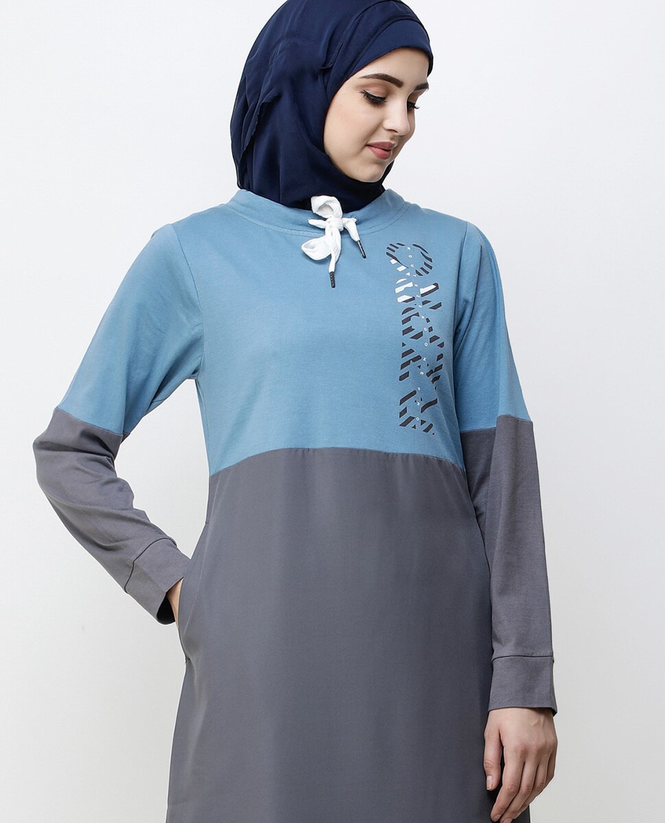 Asphalt Grey & Blue Drawstring Jilbab Abaya