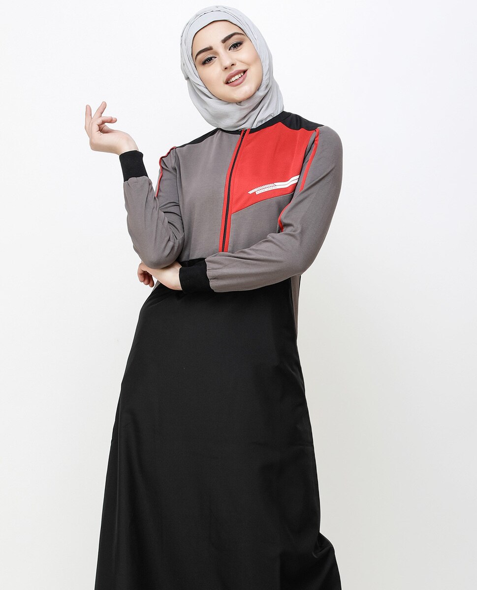 Black And Grey Kangaroo Pocket Jilbab Abaya
