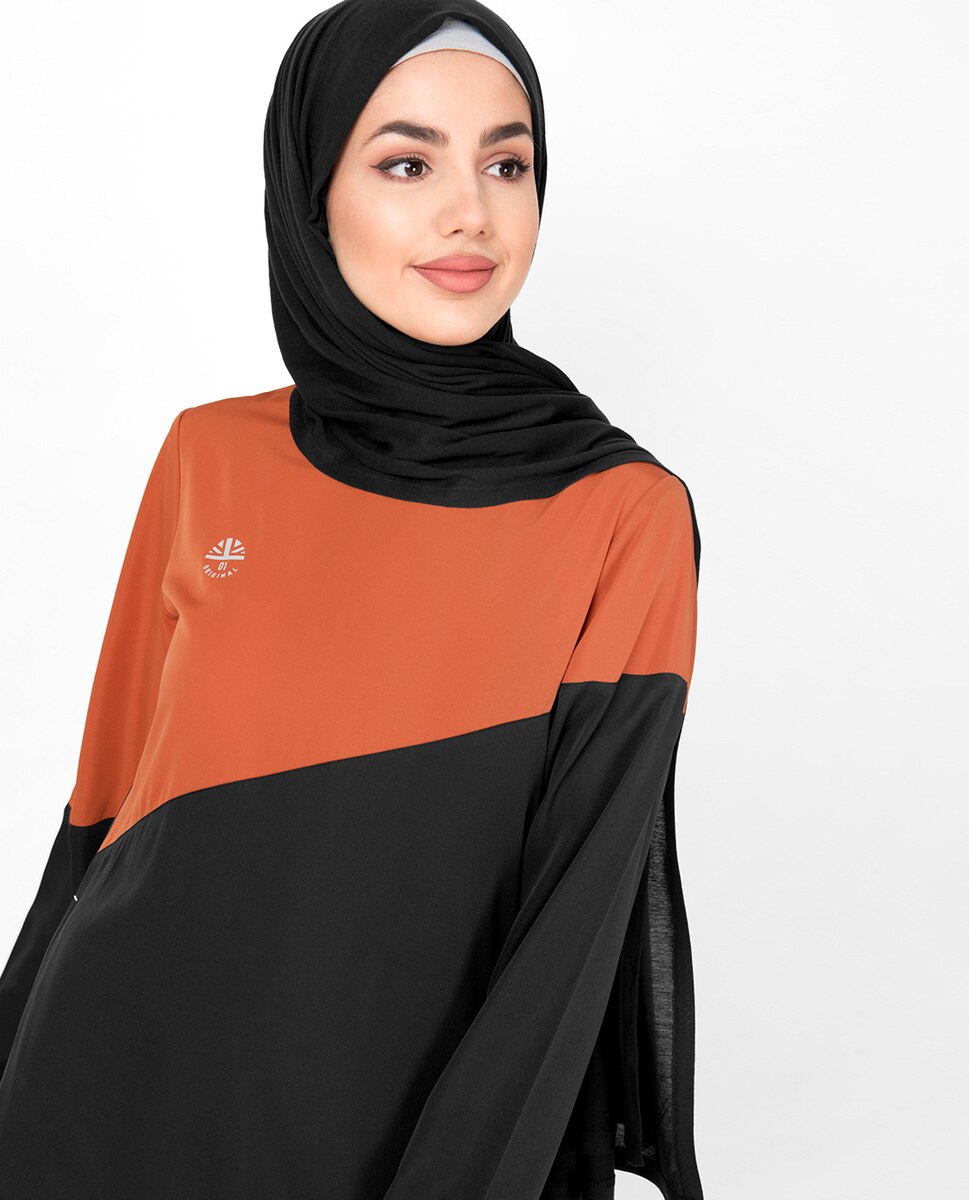Black & Orange Diagonal Contrast Abaya Jilbab