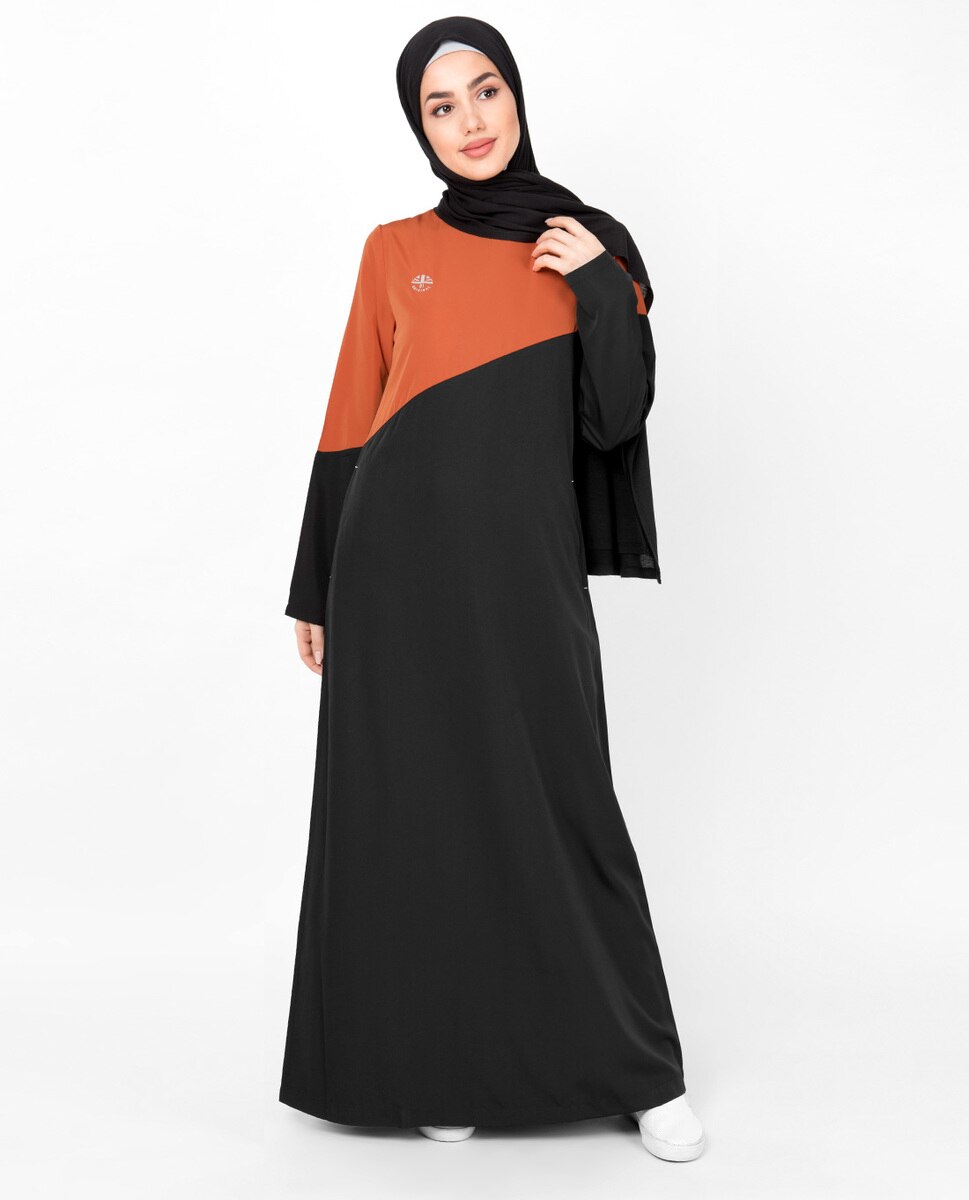Abaya Jilbab in Black & Orange Diagonal Contrast - ModestPath.com