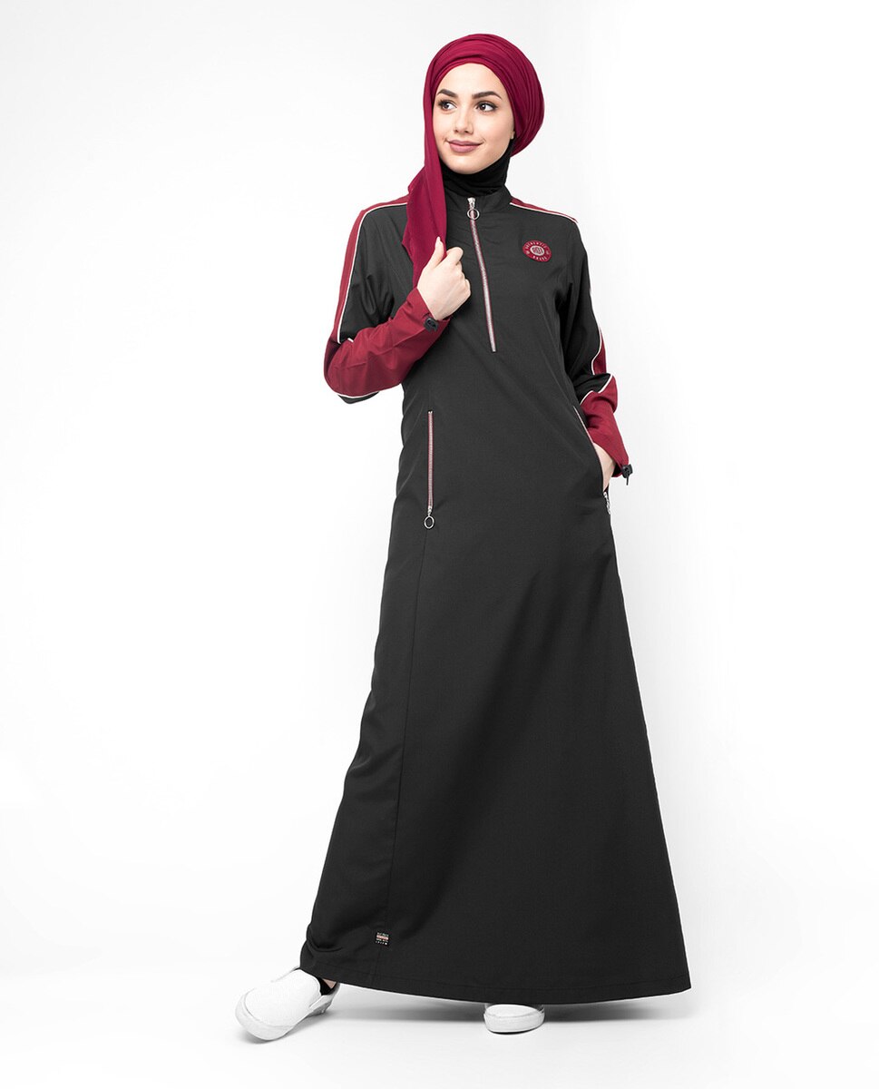 Black & Red Contrast Zipper Abaya Jilbab - ModestPath.com