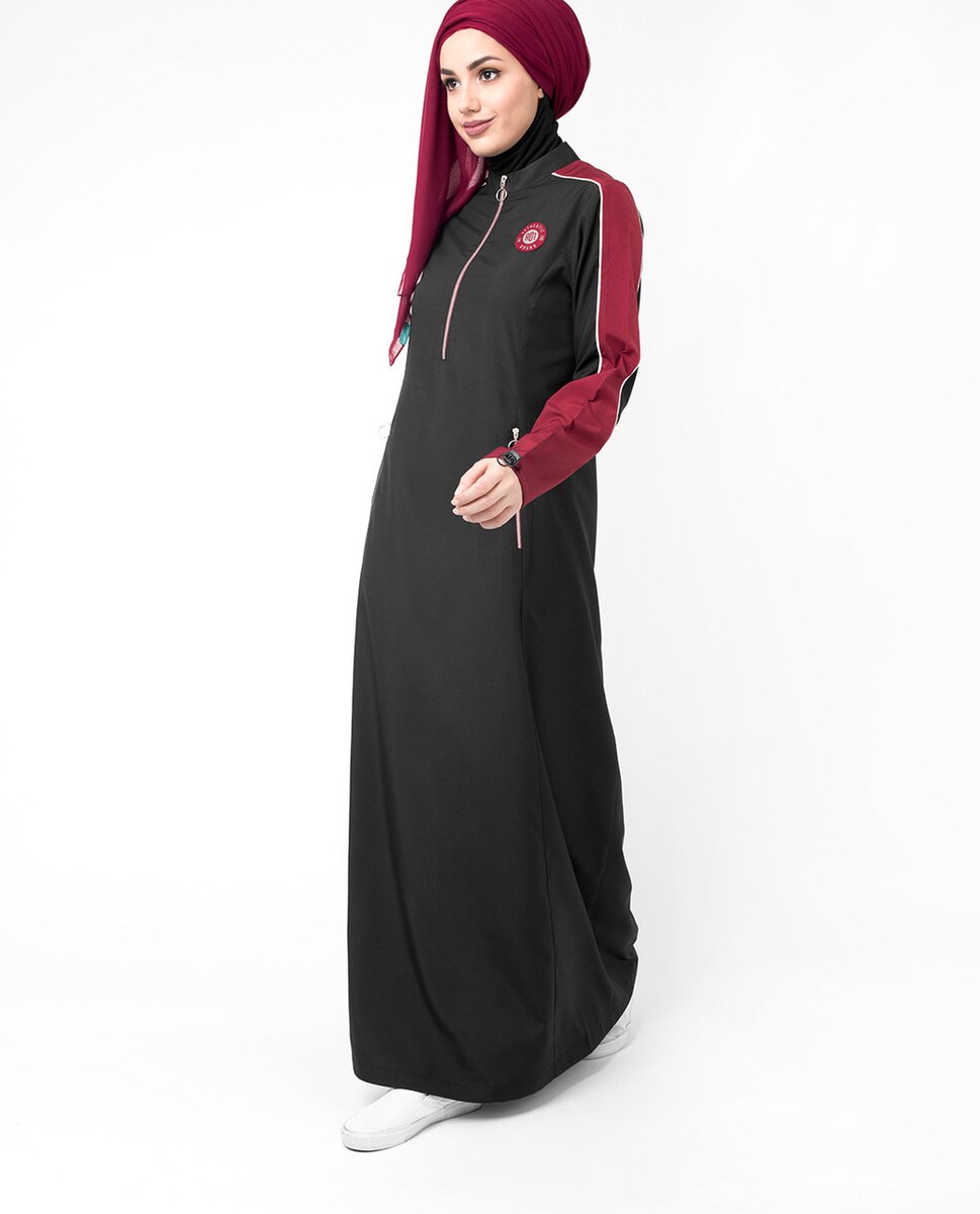 Black & Red Contrast Zipper Jilbab Abaya