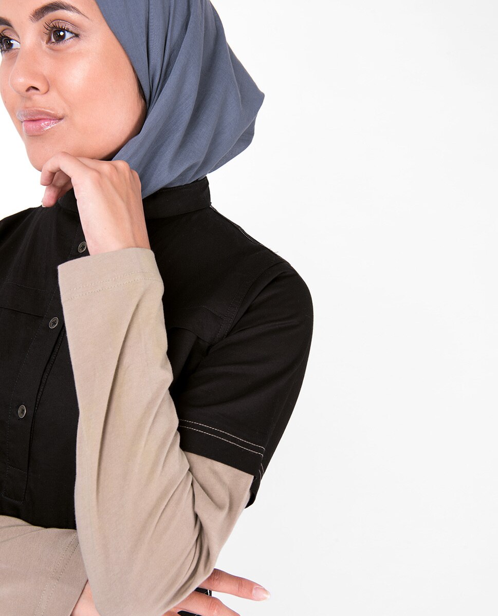 Black Tie Up Contrast Sleeve Abaya