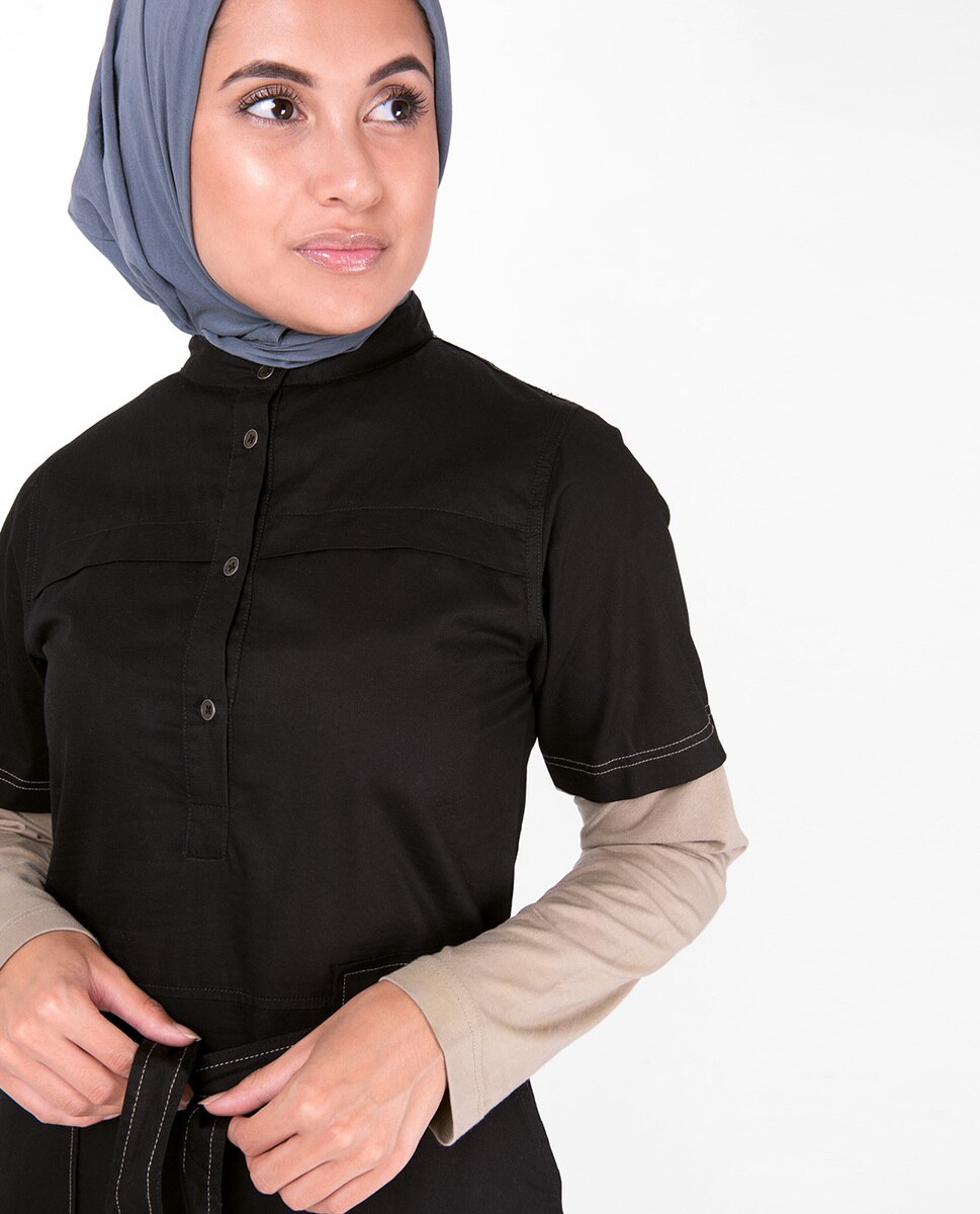 Black Tie Up Contrast Sleeve Abaya