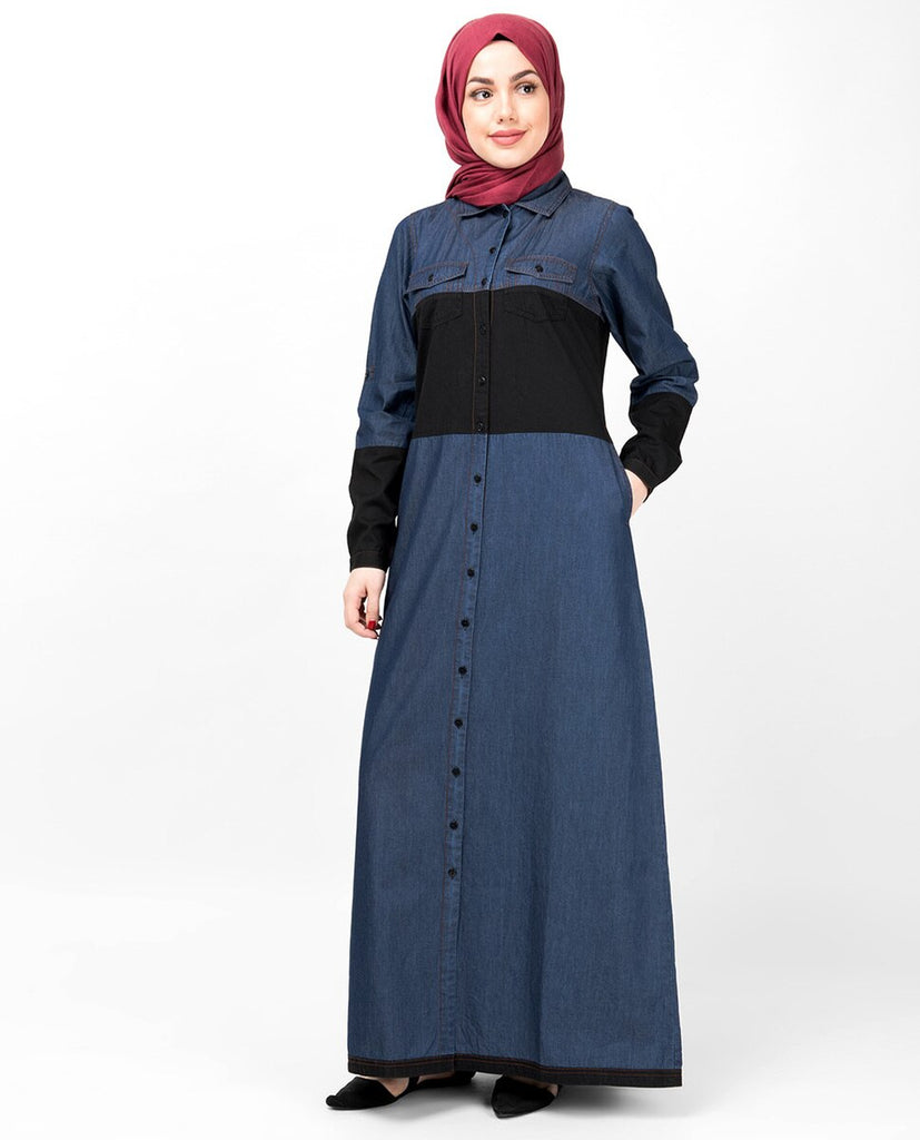 Abaya Jilbab in Blue & Black Full Front Open Denim 
