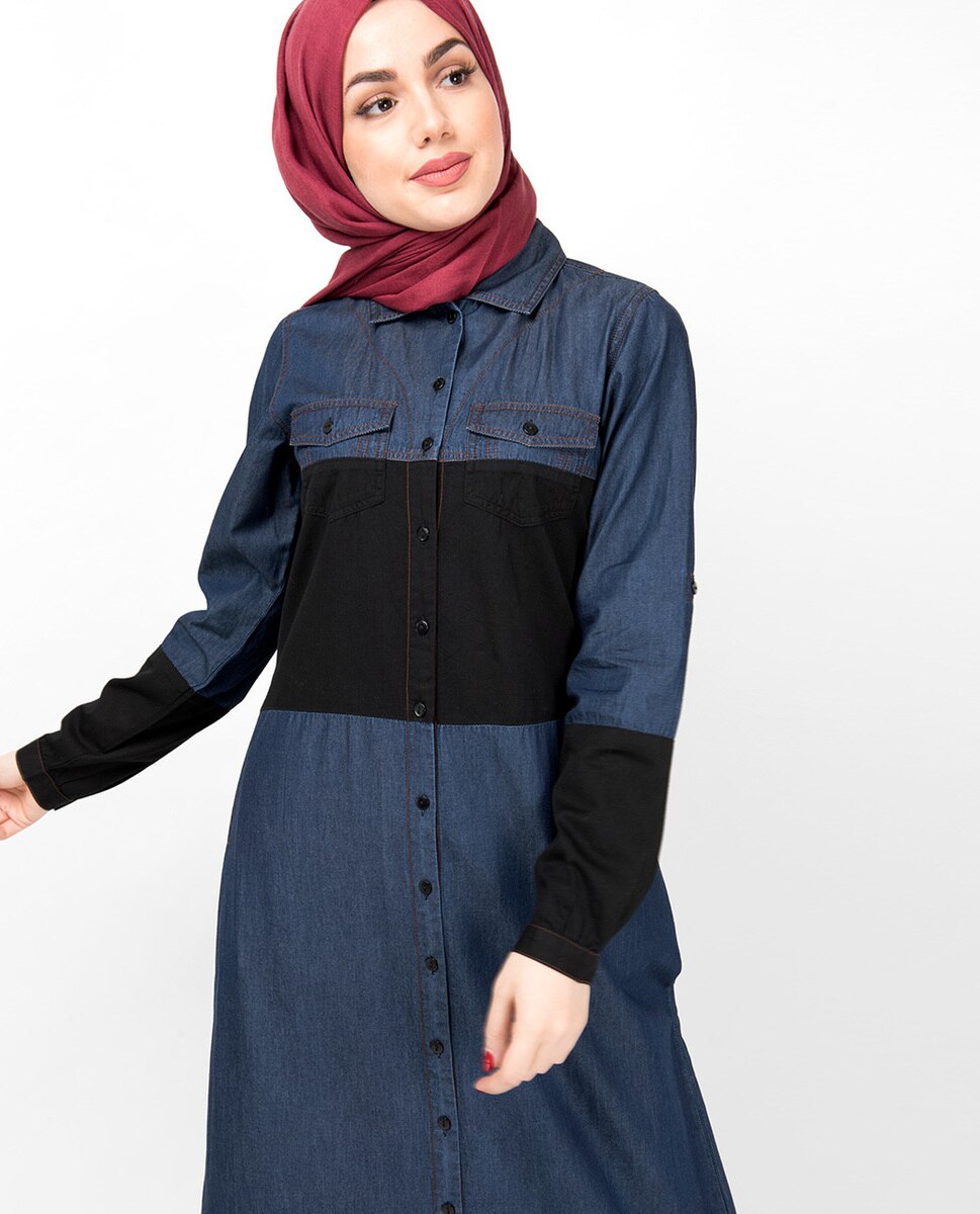 Blue & Black Full Front Open Denim Abaya Jilbab