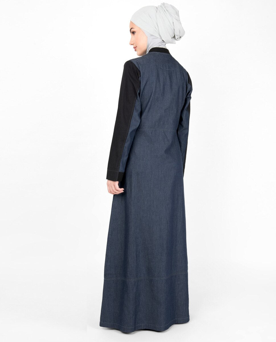 Blue Denim Contrast Sleeve Jilbab Abaya