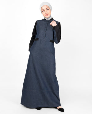 Blue Denim Contrast Sleeve Jilbab Abaya