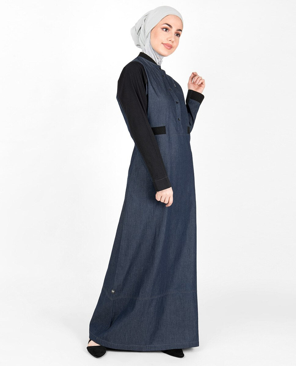 Blue Denim Contrast Sleeve Jilbab Abaya