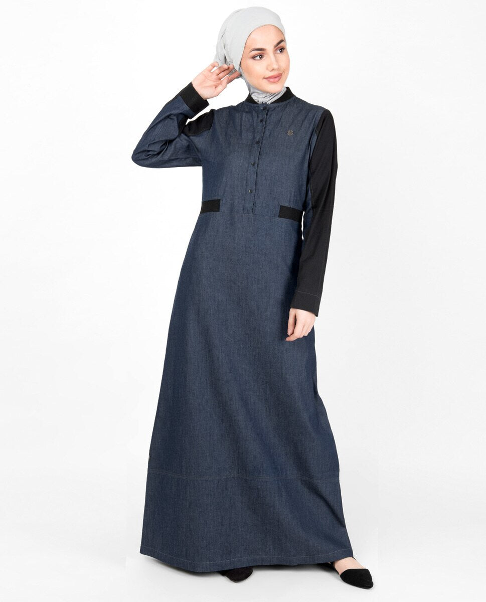 Blue Denim Contrast Sleeve Jilbab Abaya