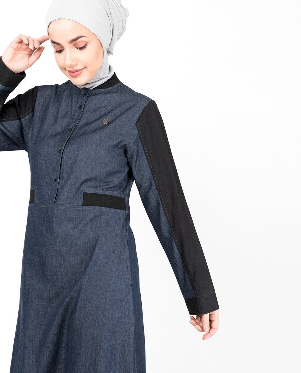 Blue Denim Contrast Sleeve Jilbab Abaya