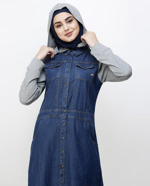 Blue Denim Detachable Hoodie Full Front Open Jilbab Abaya