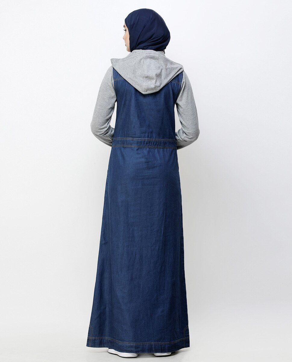 Blue Denim Detachable Hoodie Full Front Open Jilbab Abaya