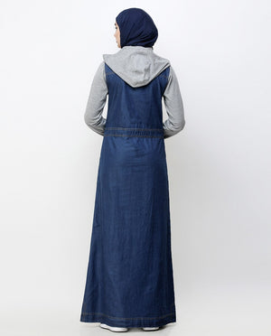 Blue Denim Detachable Hoodie Full Front Open Jilbab Abaya