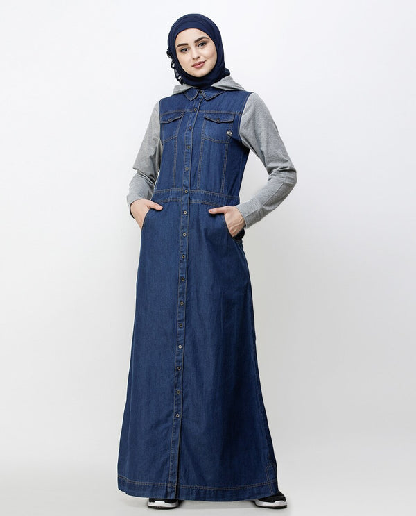 Abaya Jilbab in Blue Denim Detachable Hoodie Full Front Open ...