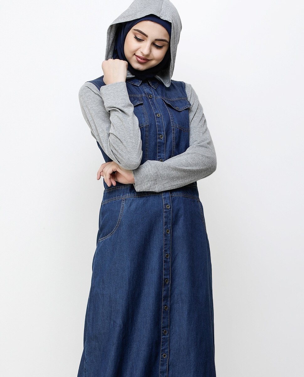 Blue Denim Detachable Hoodie Full Front Open Jilbab Abaya