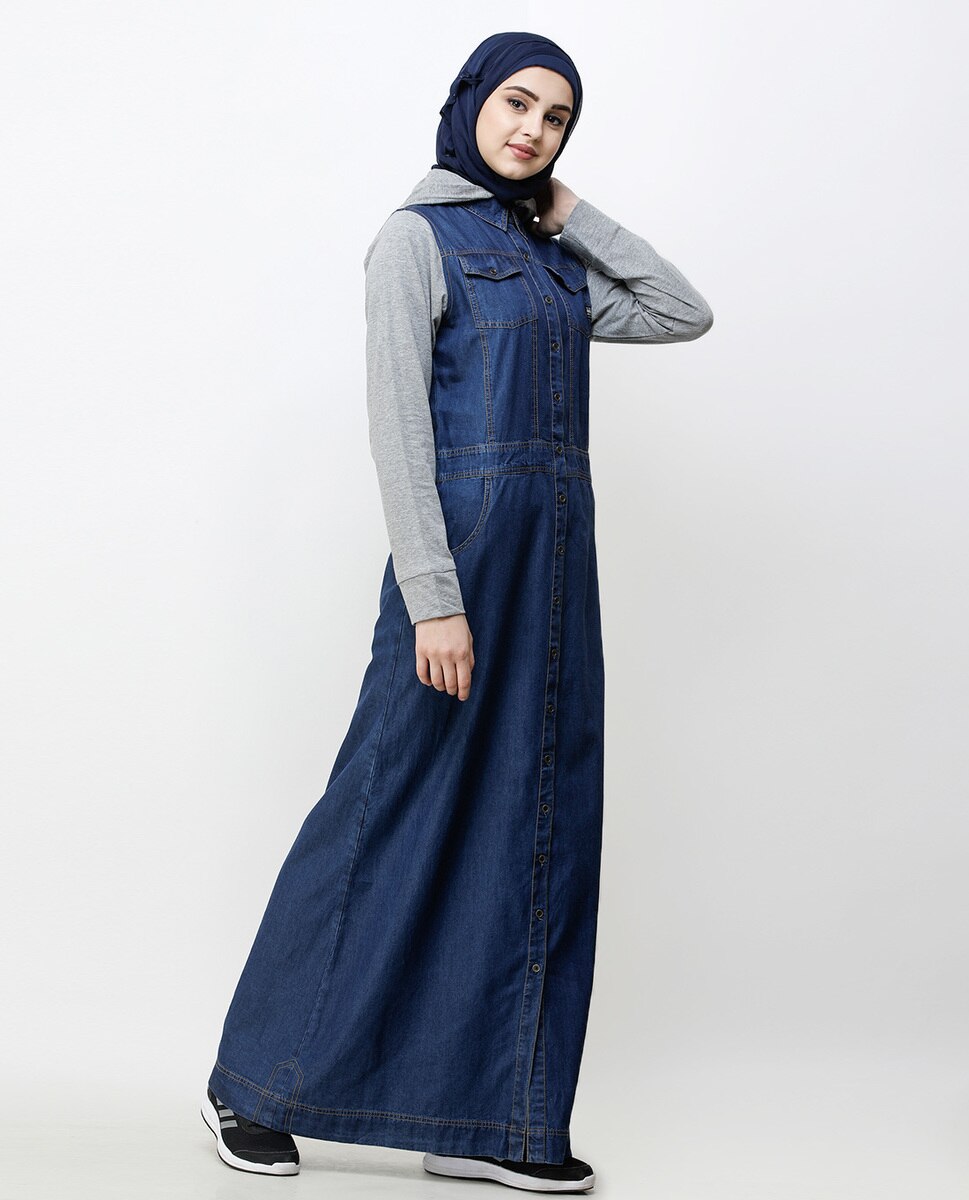 Abaya Jilbab in Blue Denim Detachable Hoodie Full Front Open 